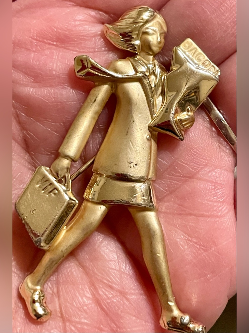 Vintage Gold-tone Working Woman Brooch - VIP Briefcase & Bacon Trophy